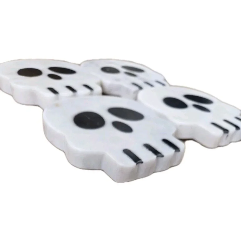 New Lots 4 Marbel Inlay Skeleton Heads Halloween Fall Spooky Drink Coasters